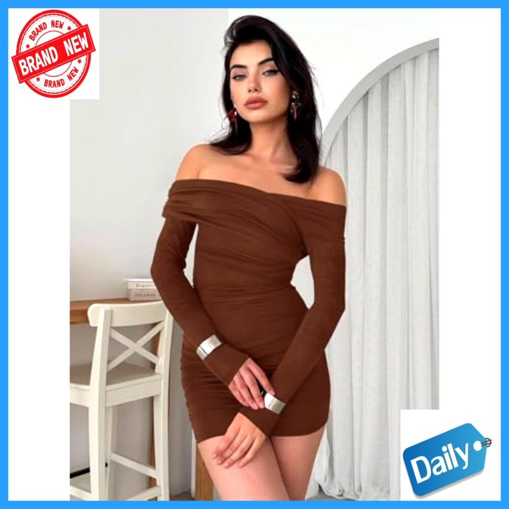 Long Sleeve Off Shoulder Bodycon Mini Dress Ruched Party Cocktail - Picture 3 of 6